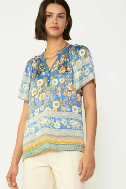 Sale Floral Border Print Blouse Women Short Sleeve Tops