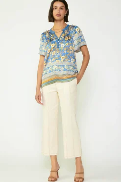 Sale Floral Border Print Blouse Women Short Sleeve Tops