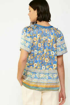 Sale Floral Border Print Blouse Women Short Sleeve Tops