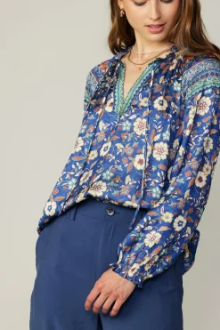 Best Floral Border Print Blouse Women Long Sleeve Tops