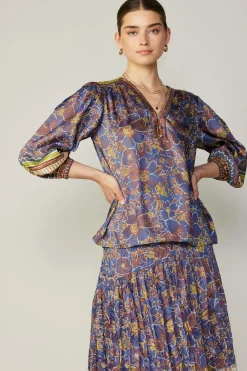 Fashion Floral Border Print Top Women Long Sleeve Tops