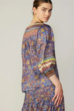 Fashion Floral Border Print Top Women Long Sleeve Tops