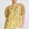 Best Floral Colorblock Split Neck Blouse Women Short Sleeve Tops