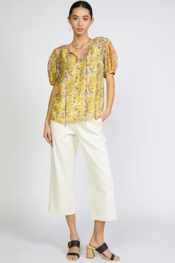 Best Floral Colorblock Split Neck Blouse Women Short Sleeve Tops