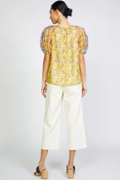Best Floral Colorblock Split Neck Blouse Women Short Sleeve Tops