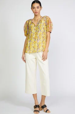 Best Floral Colorblock Split Neck Blouse Women Short Sleeve Tops