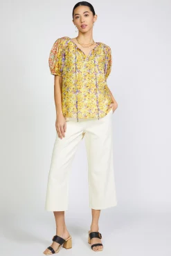 Best Floral Colorblock Split Neck Blouse Women Short Sleeve Tops