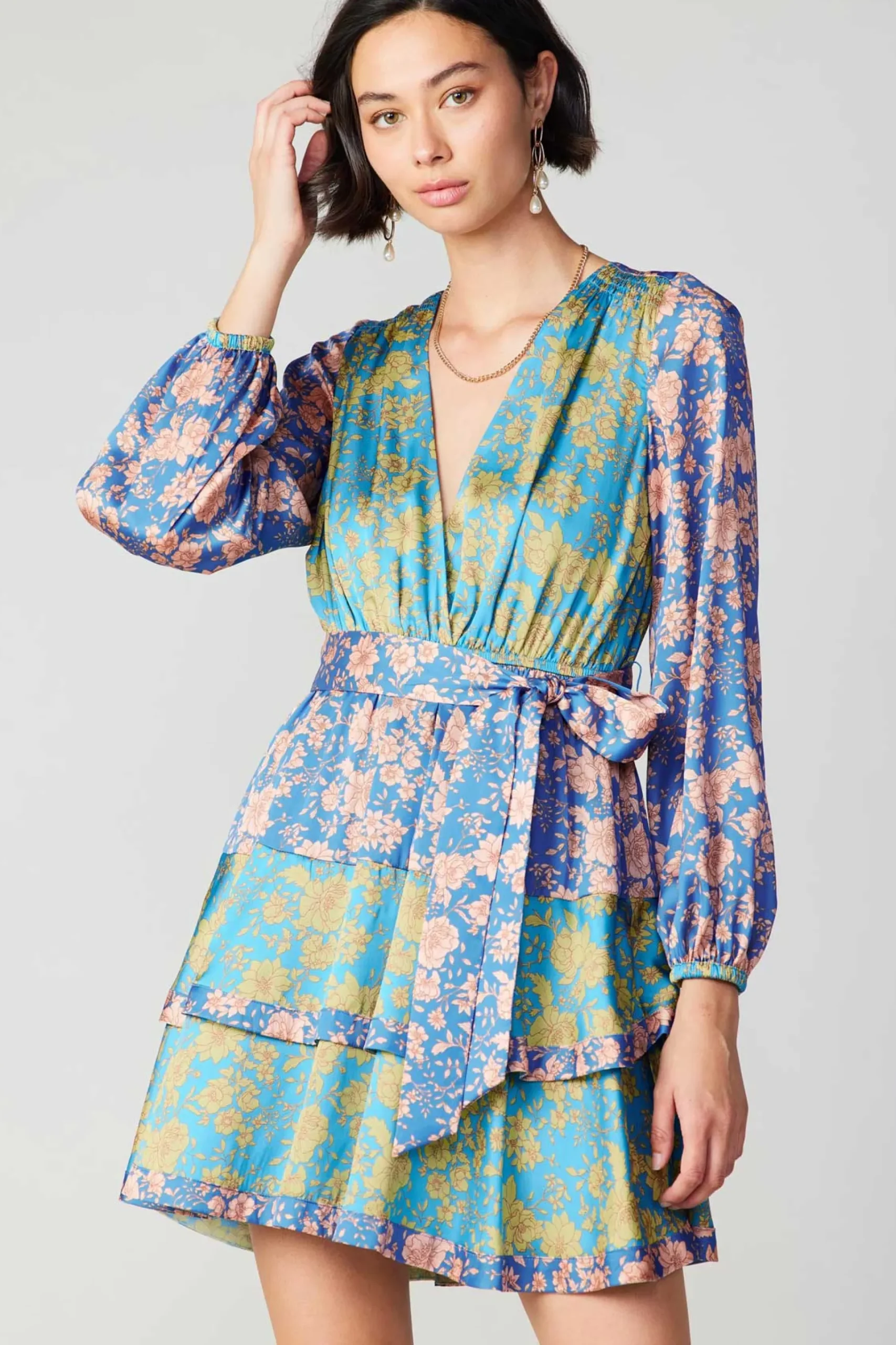 Clearance Floral Colorblock Surplice Mini Dress Women Mini Dresses