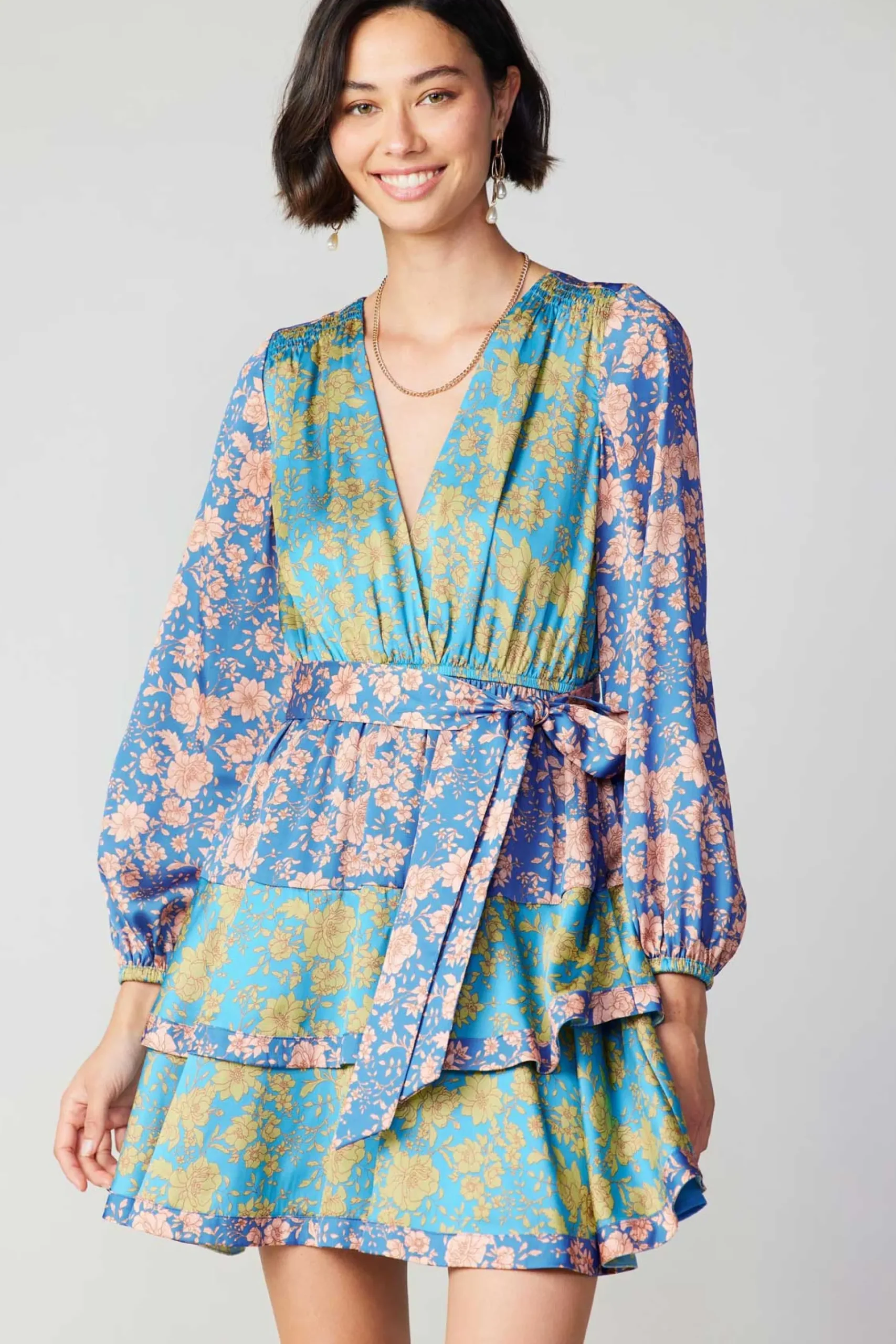 Clearance Floral Colorblock Surplice Mini Dress Women Mini Dresses