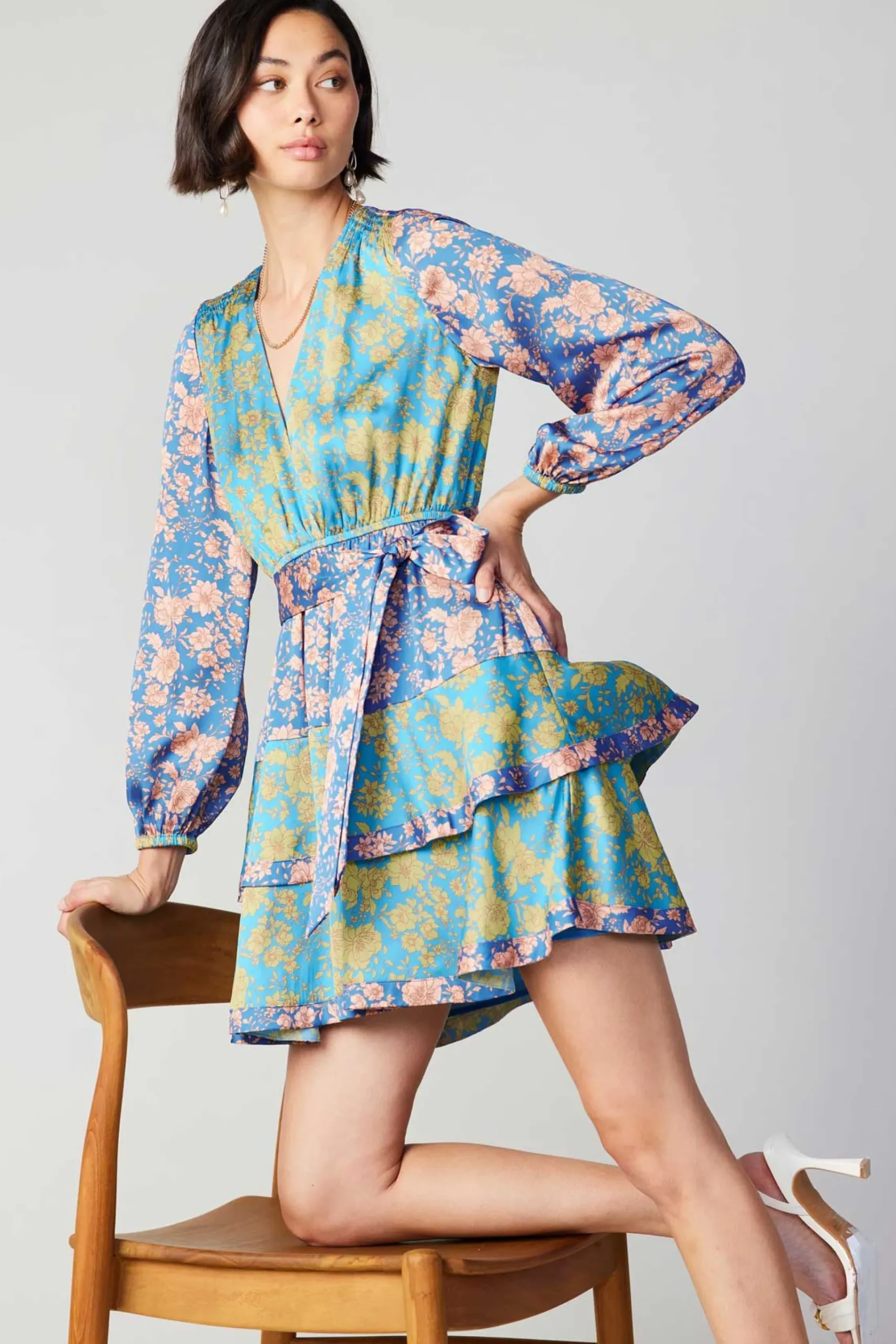 Clearance Floral Colorblock Surplice Mini Dress Women Mini Dresses