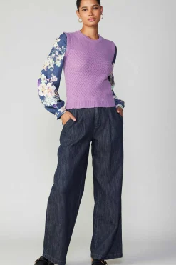 Online Floral Contrast Sleeve Sweater Top Women Long Sleeve Tops | Sweaters