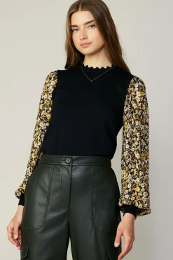 Clearance Floral Contrast Sweater Top Women Long Sleeve Tops | Sweaters