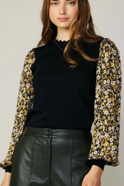 Clearance Floral Contrast Sweater Top Women Long Sleeve Tops | Sweaters