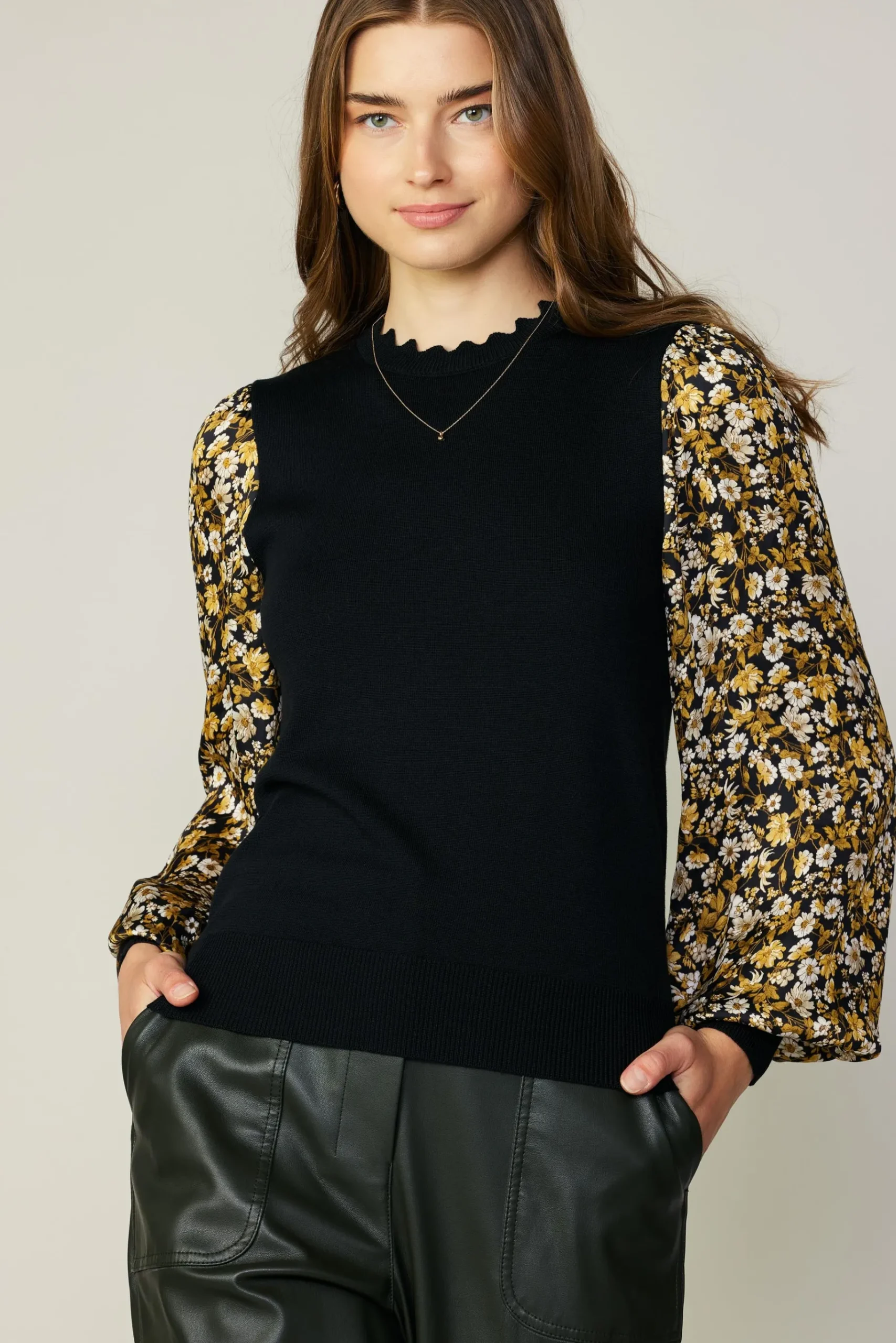 Clearance Floral Contrast Sweater Top Women Long Sleeve Tops | Sweaters