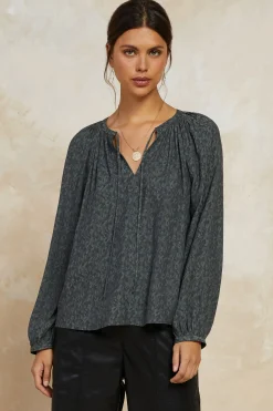 Outlet Floral Jacquard Split Neck Top Women Long Sleeve Tops
