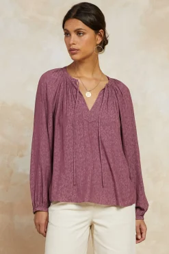 Outlet Floral Jacquard Split Neck Top Women Long Sleeve Tops