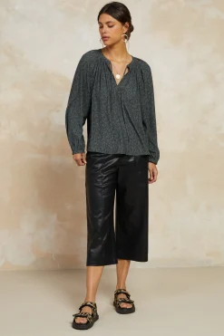 Outlet Floral Jacquard Split Neck Top Women Long Sleeve Tops