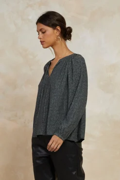 Outlet Floral Jacquard Split Neck Top Women Long Sleeve Tops