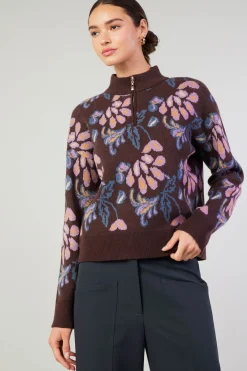 Outlet Floral Jacquard Zip Sweater Women Knitwear | Sweaters