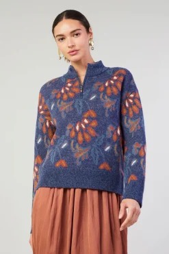 New Floral Jacquard Zip Sweater Women Knitwear | Sweaters