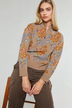 New Floral Jacquard Zip Sweater Women Knitwear | Sweaters