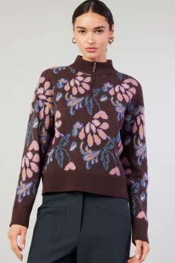 Outlet Floral Jacquard Zip Sweater Women Knitwear | Sweaters
