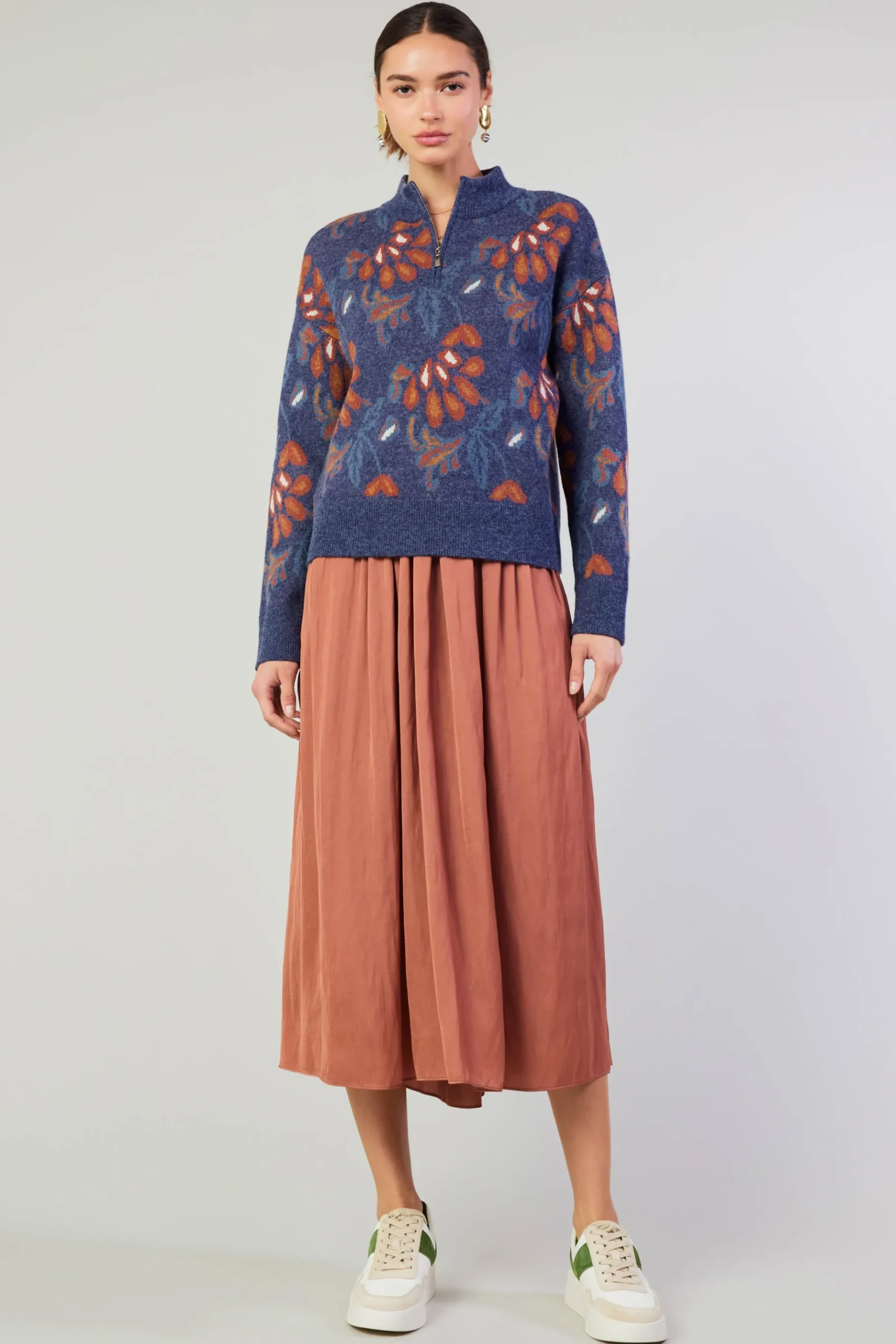 New Floral Jacquard Zip Sweater Women Knitwear | Sweaters