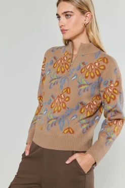 New Floral Jacquard Zip Sweater Women Knitwear | Sweaters