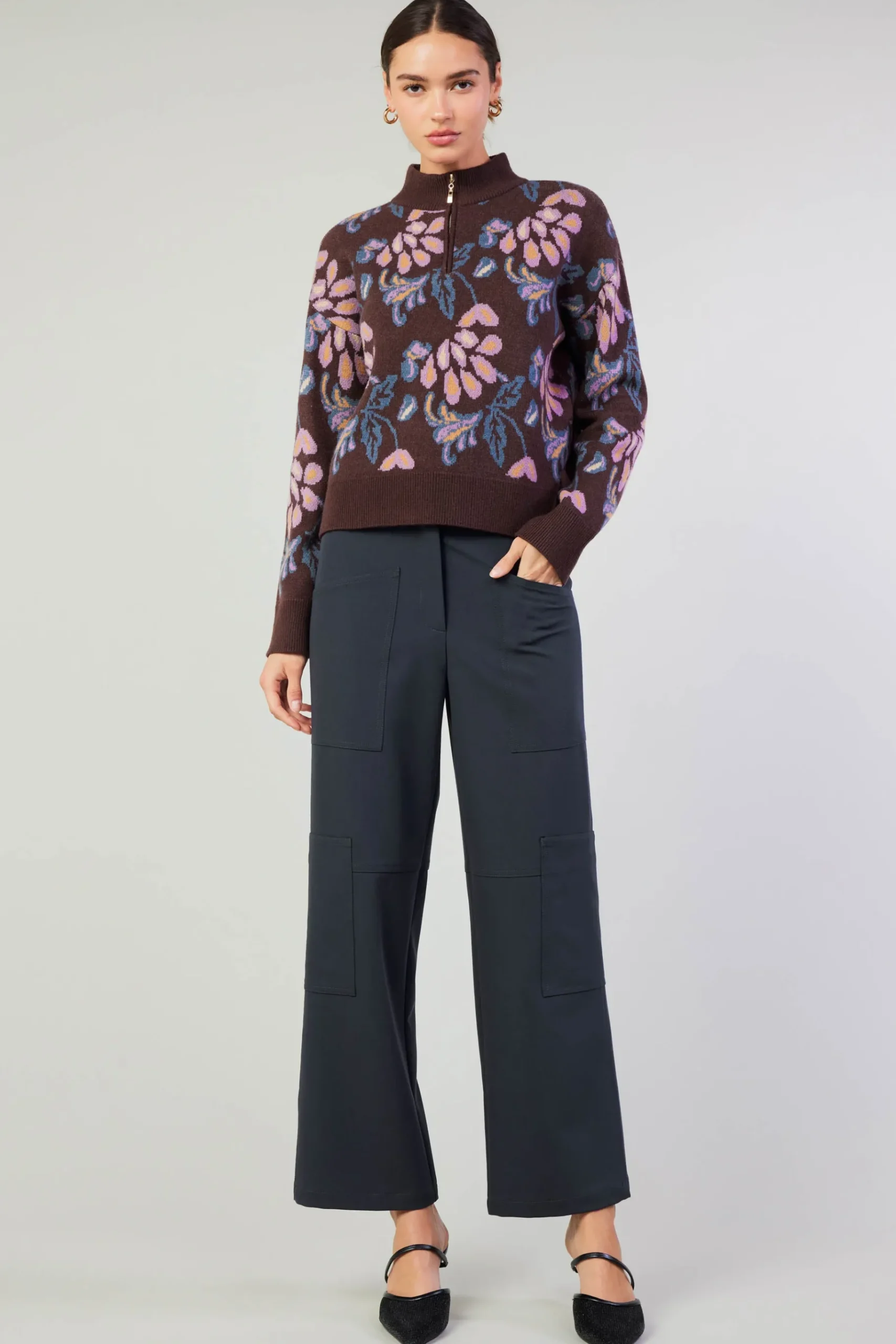 Outlet Floral Jacquard Zip Sweater Women Knitwear | Sweaters