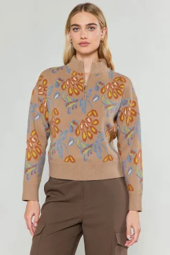 New Floral Jacquard Zip Sweater Women Knitwear | Sweaters