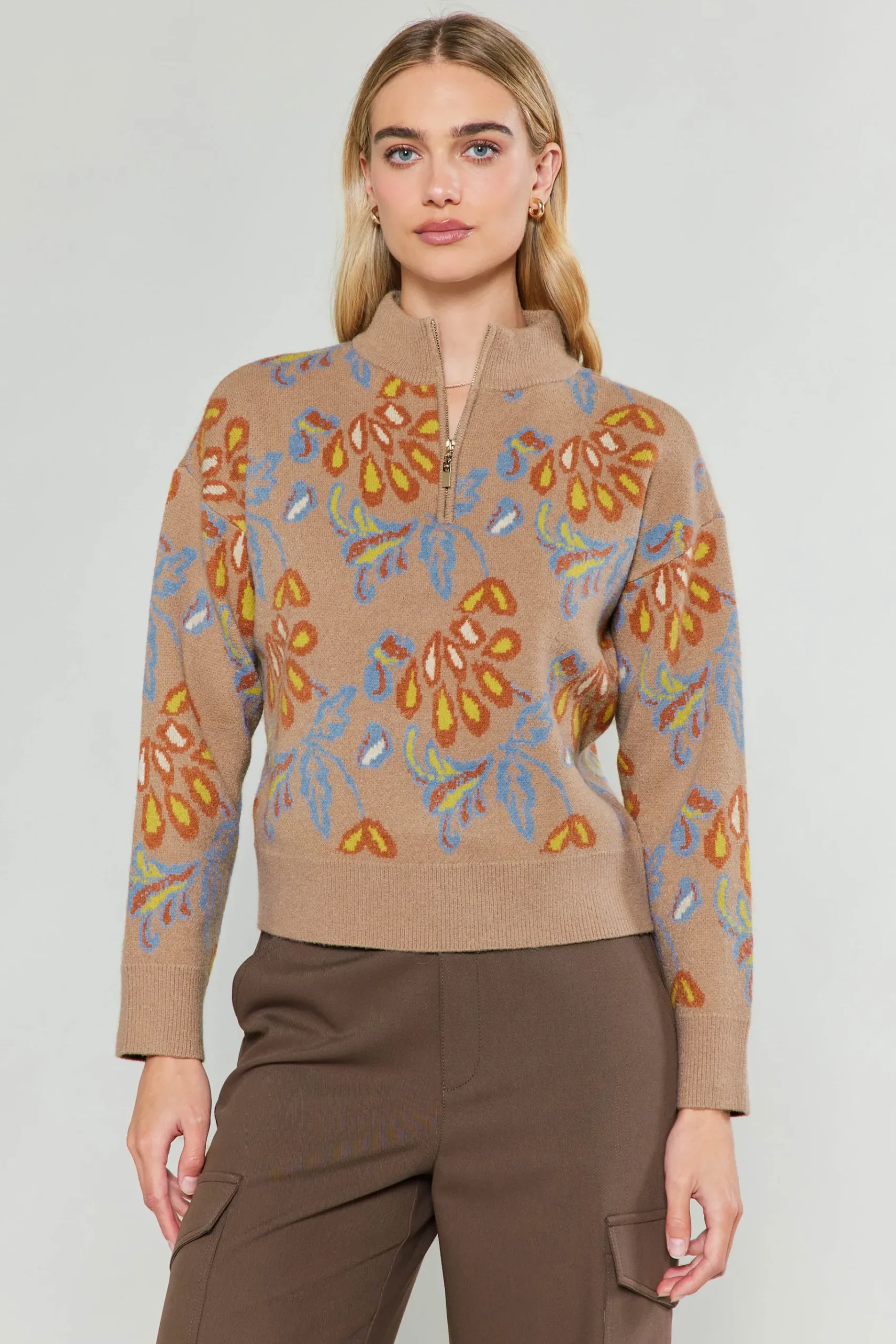 New Floral Jacquard Zip Sweater Women Knitwear | Sweaters