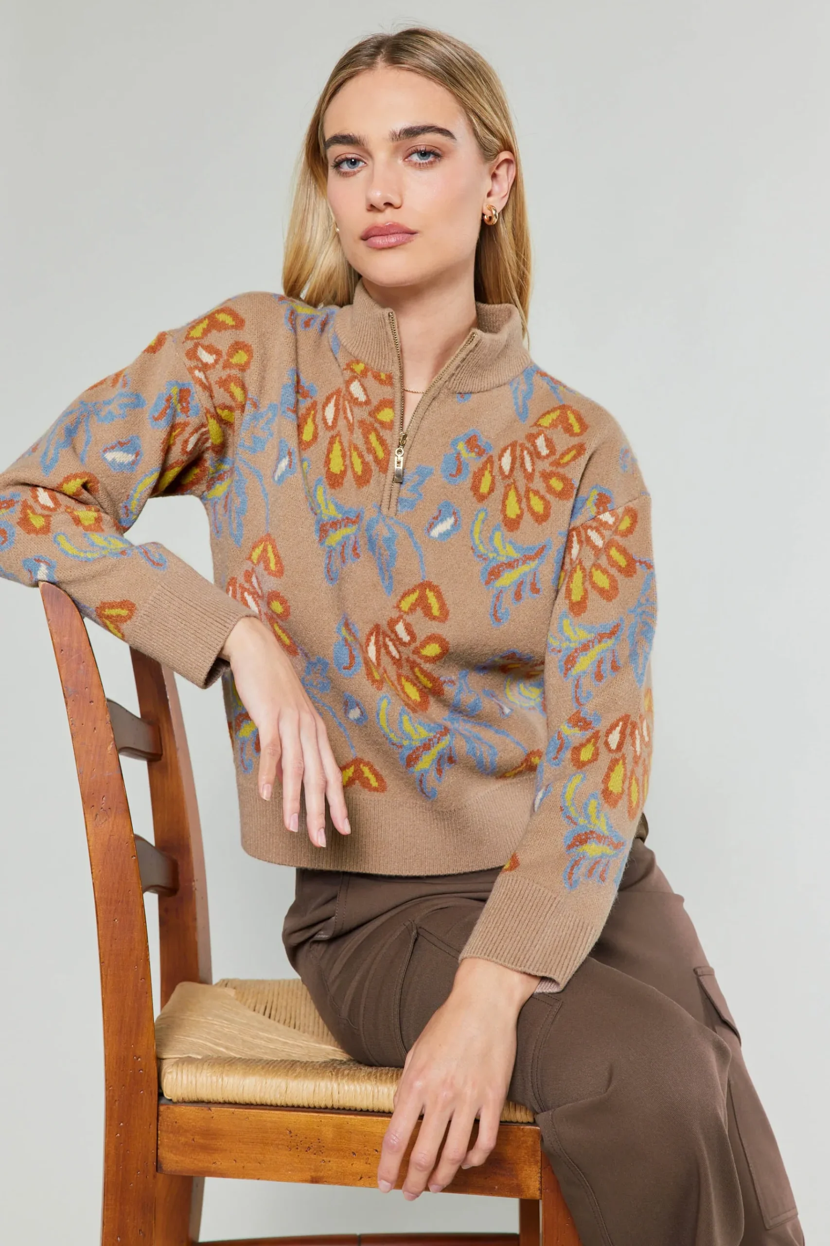 New Floral Jacquard Zip Sweater Women Knitwear | Sweaters