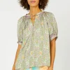 New Floral Nouveau Split Neck Blouse Women Short Sleeve Tops