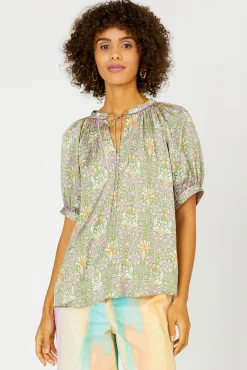 New Floral Nouveau Split Neck Blouse Women Short Sleeve Tops