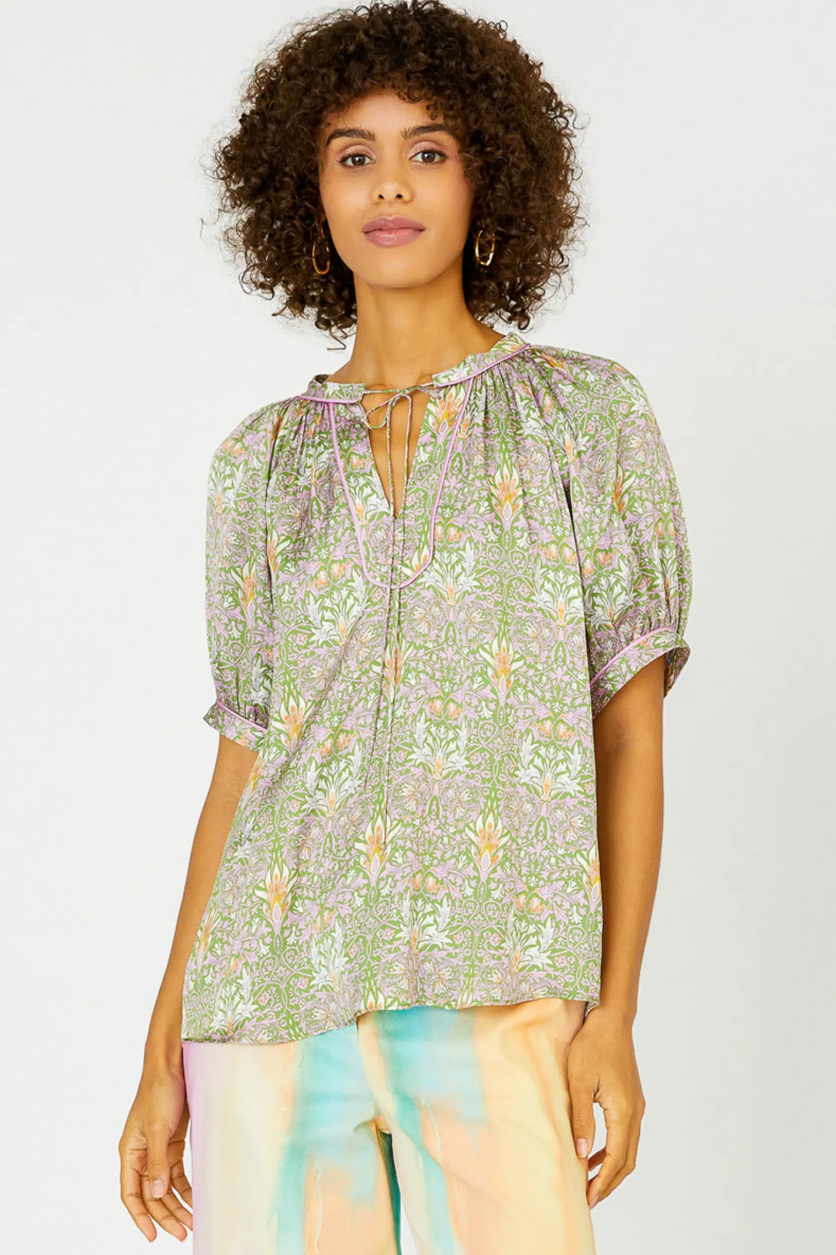 New Floral Nouveau Split Neck Blouse Women Short Sleeve Tops