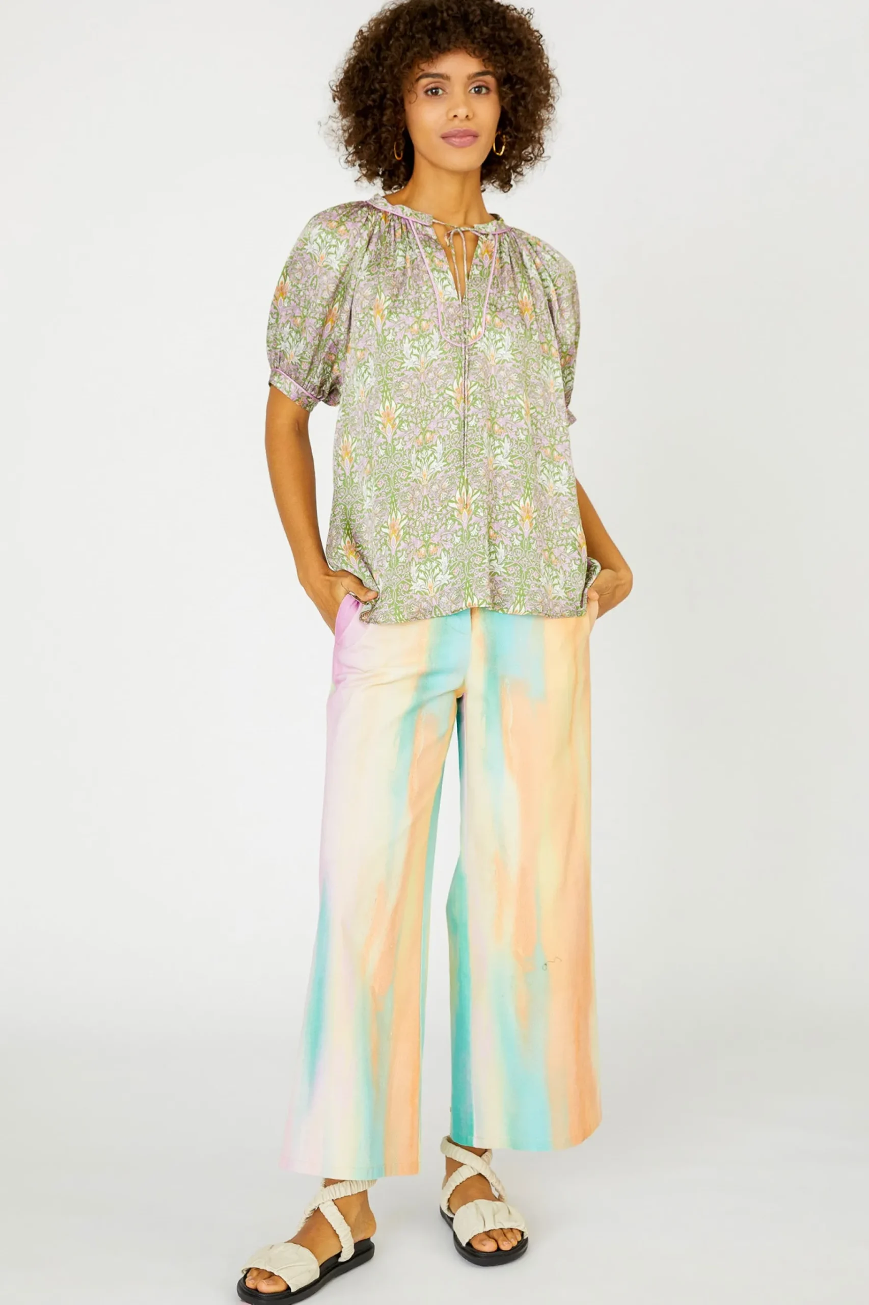 New Floral Nouveau Split Neck Blouse Women Short Sleeve Tops