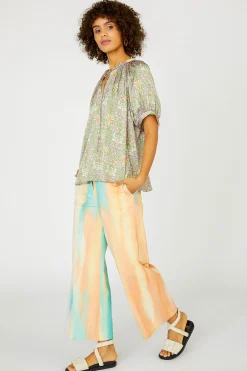 New Floral Nouveau Split Neck Blouse Women Short Sleeve Tops