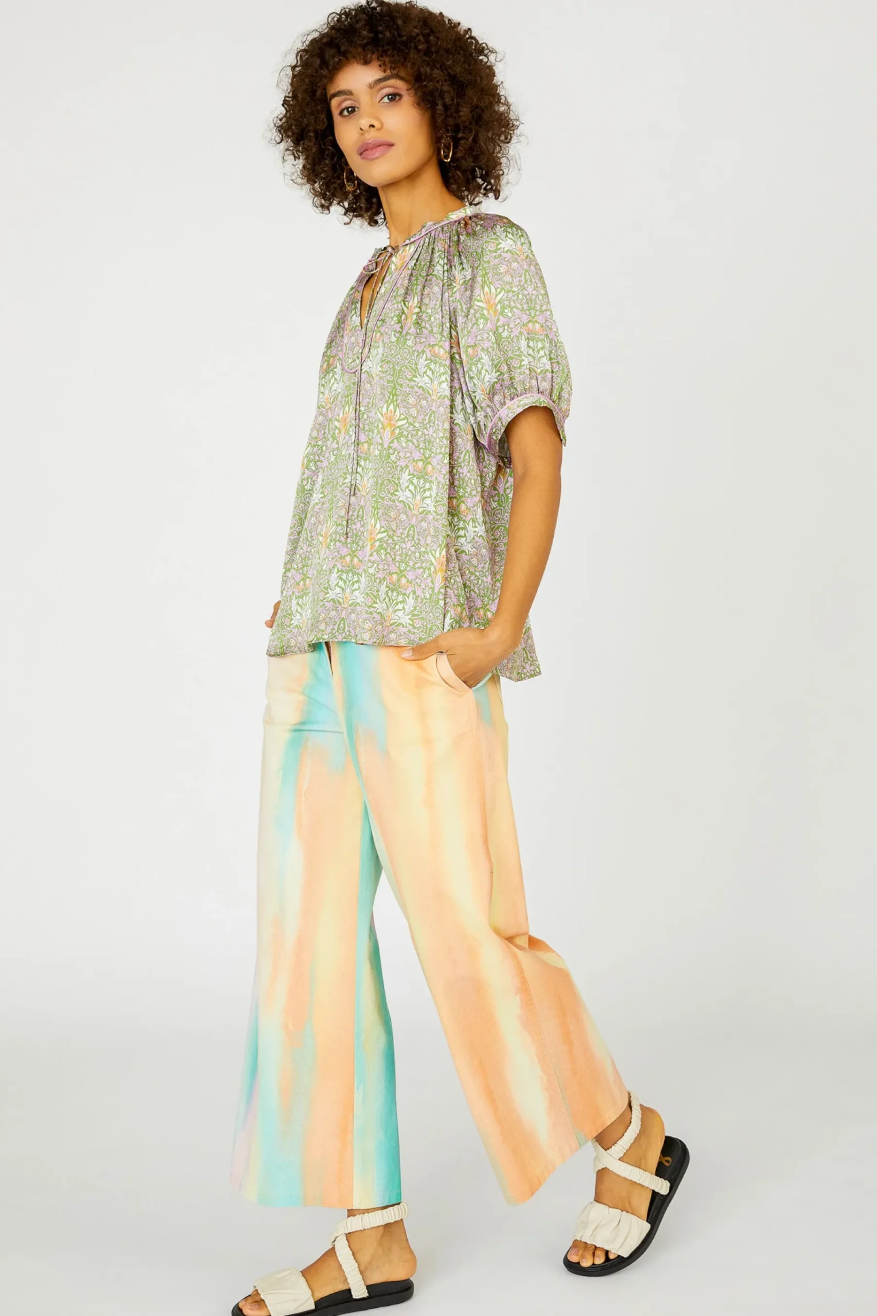 New Floral Nouveau Split Neck Blouse Women Short Sleeve Tops