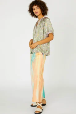 New Floral Nouveau Split Neck Blouse Women Short Sleeve Tops