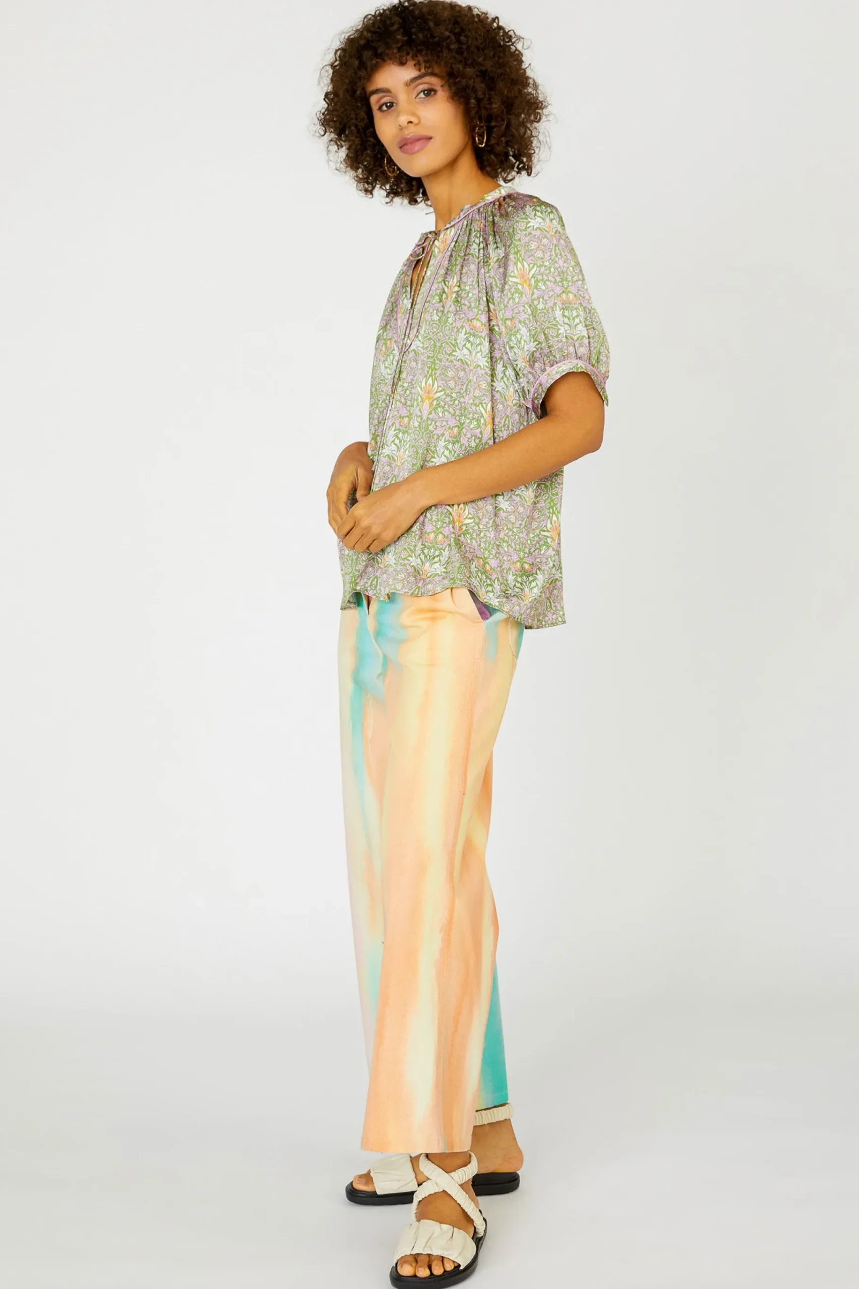 New Floral Nouveau Split Neck Blouse Women Short Sleeve Tops