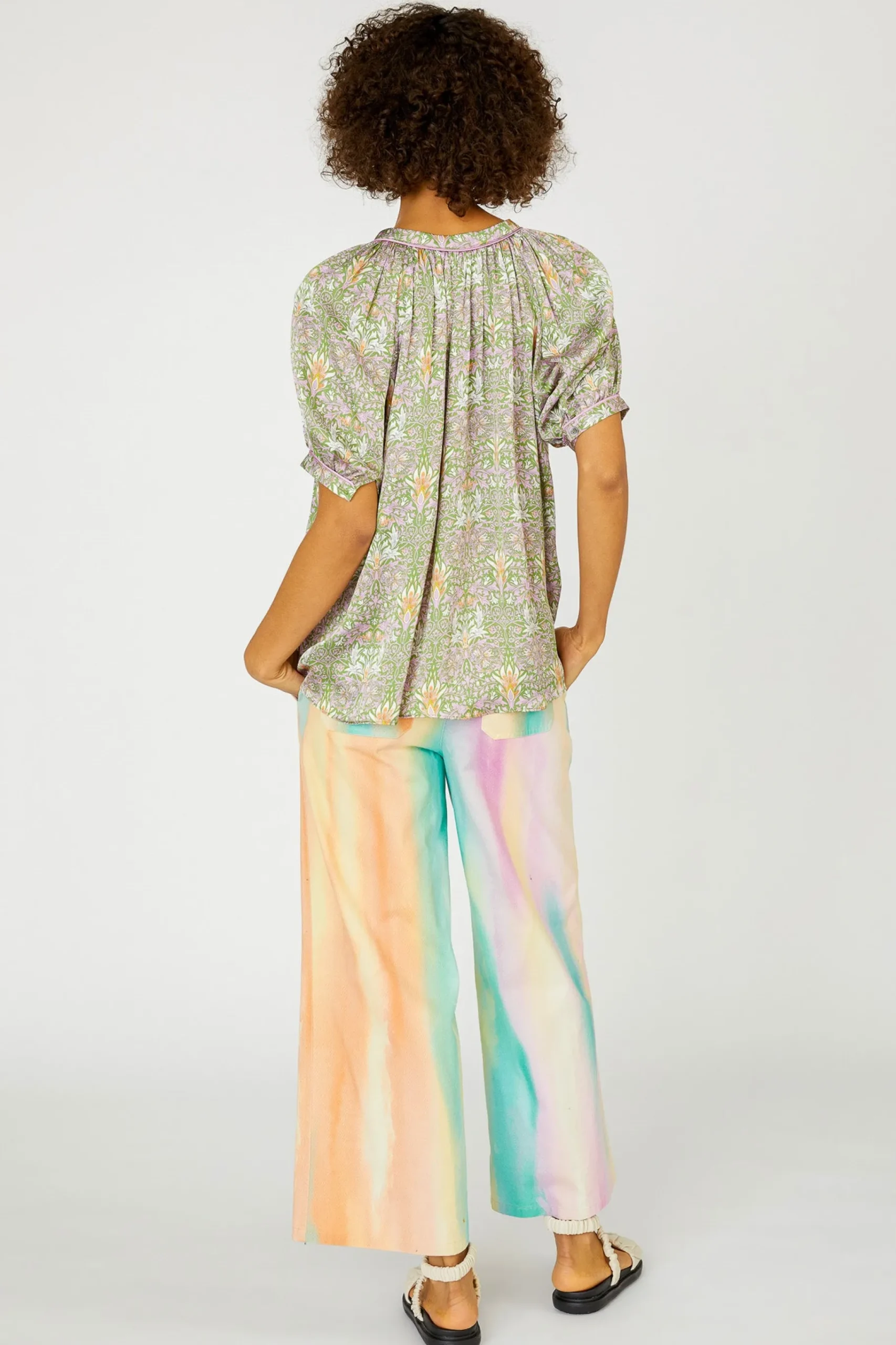 New Floral Nouveau Split Neck Blouse Women Short Sleeve Tops
