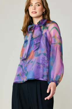 Discount Floral Organza Blouse Women Long Sleeve Tops
