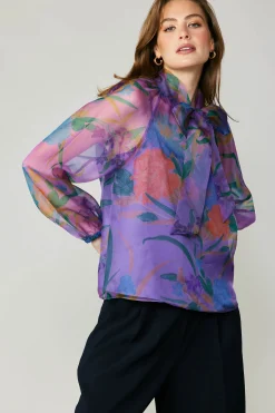 Discount Floral Organza Blouse Women Long Sleeve Tops