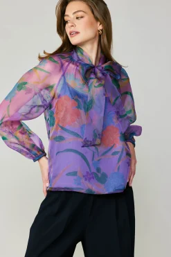 Discount Floral Organza Blouse Women Long Sleeve Tops