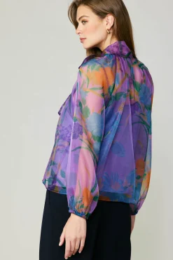 Discount Floral Organza Blouse Women Long Sleeve Tops