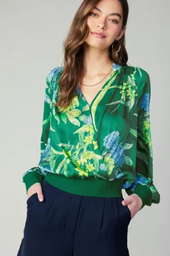 Hot Floral Print Surplice Blouse Women Long Sleeve Tops