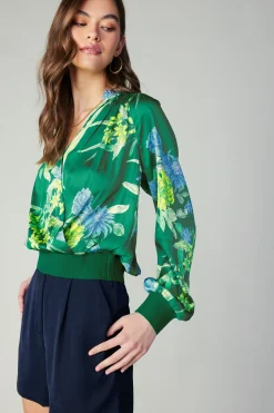 Hot Floral Print Surplice Blouse Women Long Sleeve Tops