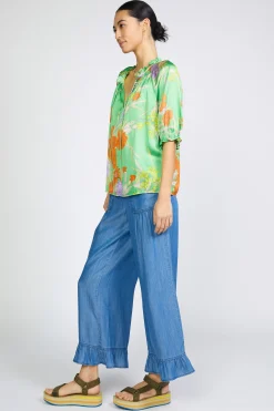 Sale Floral Split Neck Blouse Women Short Sleeve Tops