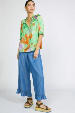 Sale Floral Split Neck Blouse Women Short Sleeve Tops