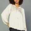 Online Gathered Bow Tie Blouse Women Long Sleeve Tops